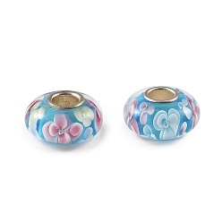 Pale Turquoise Lampwork & Brass Core European Beads, Large Hole Beads, Rondelle with Flower, Pale Turquoise, 15x7.5mm, Hole: 4mm