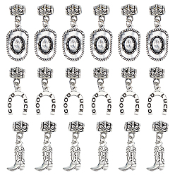 Antique Silver 18Pcs 3 Styles Alloy European Dangle Charms, West Cowboy Hat/Boot/U Shape with Word Good Luck, Antique Silver, 28~33mm, Hole: 3.5mm