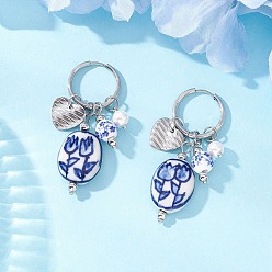 Нержавеющая Сталь Цвет 304 серьги из нержавеющей стали из нержавеющей стали, с фарфоровыми бусинами и латунными бусинами, цвет нержавеющей стали, 53 мм