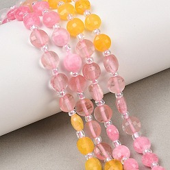 Смешанные камни Нити из вишневого кварцевого стекла и окрашенного натурального белого нефрита, плоско-круглые, граненые, с бисером, 6~6.7x4~4.3 мм, отверстие : 1.1~1.3 мм, около 46 шт / нитка, 15.16'' (38.5 см)