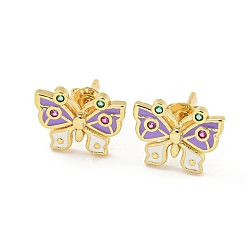 Lilac Butterfly Golden Brass Stud Earrings, with Enamel and Cubic Zirconia, Lilac, 10x12mm
