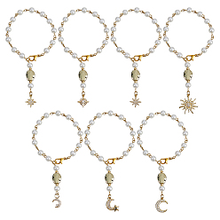 Золотой 7 шт. 7 стили латунные подвески с микропаве из прозрачных кубических цирконий, с акриловой жемчужные бусины, Луна и звезды, золотые, 217~222 мм, 1 шт / стиль