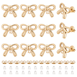 Real 14K Gold Plated 6Pairs 304 Stainless Steel Stud Earring Findings, with Ear Nuts and Loops, Bowknot, 24Pcs Plastic Ear Nuts, Real 14K Gold Plated, 12x15mm, Hole: 1.8mm, Pin: 0.7mm