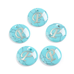 Letter P Synthetic Turquoise Charms, with Plastic Letter, Flat Round, Letter.P, 15x2mm, Hole: 1.5mm