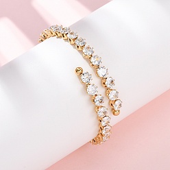 Плоский Круглый 304 Женские браслеты-манжеты с микропаве из нержавеющей стали и кубическими циркониями, золотые, плоско-круглые, 1/4~3/8 дюйм (0.55~1.05 см), внутренний диаметр: 2 дюйм (4.95 см)