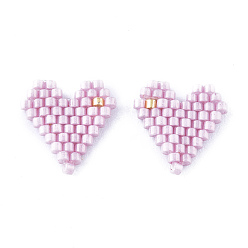 Pearl Pink Handmade Seed Beads Pendants, with Elastic Thread, Loom Pattern, Heart, Pearl Pink, 13x13~13.5x1.5~2mm