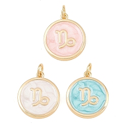 Capricorn Brass Enamel Pendants, Flat Round & Constellation Charms, Rack Plating, Long-Lasting Plated, Cadmium Free & Lead Free, Golden, Capricorn Charms, 17.5x15x2mm, Hole: 3mm