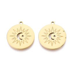 Настоящее золото 18K 304 Плоское круглое украшение из нержавеющей стали с подвесками в виде луны и солнца., ионное покрытие (ip), реальный 18 k позолоченный, 24.5x22x1.5 мм, отверстие : 1.8 мм