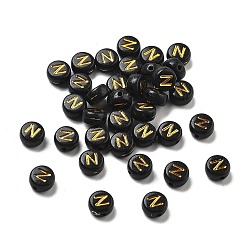 Letter N Покрытие непрозрачных акриловых бисер, золотой металл обвитыми, плоские круглые с буквы, Письмо N, 7x3.5 мм, отверстие : 1.2 мм, Около 3846 шт / 500 г