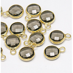 Tan Golden Tone Brass Glass Flat Round Charms, Faceted, Tan, 12x8.5x3mm, Hole: 1.5mm