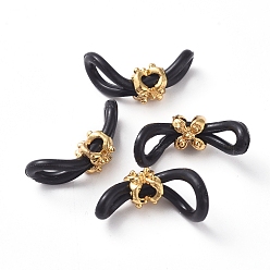 Golden Eyeglass Holders, Glasses Rubber Loop Ends, with Zinc Alloy Beads, Flower, Black, Golden, 22mm, Hole: 2.1x1.8mm