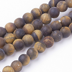 Tiger Eye Natural Yellow Tiger Eye Bead Strands, Round, Grade AB+, Frosted, 6~6.5mm, Hole: 1mm, about 60pcs/strand, 14.9 inch(38cm)