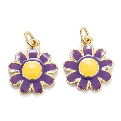 Purple Brass Enamel Pendants, Real 18K Gold Plated, Long-Lasting Plated, Flower, Purple, 15x13x2mm, Hole: 3.4mm