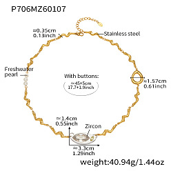 Golden Duo Tone 304 Stainless Steel Pave Clear Cubic Zirconia Horse Eye Pendant Wavy Bar Link Chain Necklaces with Natural Freshwater Pearls for Women, White, Golden, 17.72 inch(45cm)
