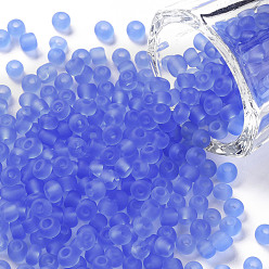 Cornflower Blue Glass Seed Beads, Frosted Colors, Round, Cornflower Blue, 4mm, Hole: 1~1.5mm, about 4500pcs/pound