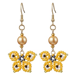 Желтый Болтающие серьги из стекла, с 304 швензами из нержавеющей стали, бабочка, желтые, 57.5x25.5 мм