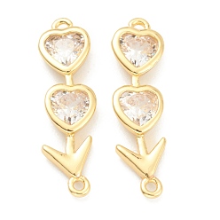 Real 18K Gold Plated Brass Link Connectors, with Clear Cubic Zirconia, Heart and Leaf, Real 18K Gold Plated, 19x5x2mm, Hole: 0.9mm