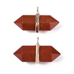 Красный Камень Двойные остроконечные подвески из натуральной красной яшмы, граненые подвески в форме пули с фурнитурой из сплава, золотые, 20~21x34.5~36x17~18 мм, отверстие : 3 мм