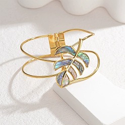 Сланцево-синий 304 браслеты из нержавеющей стали со стеклянными шарнирами для женщин, лист, реальный 18 k позолоченный, синевато-серый, внутренний диаметр: 2x2-1/2 дюйм (5.2x6.45 см)