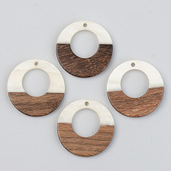 Floral White Opaque Resin & Walnut Wood Pendants, Ring, Floral White, 28x3mm, Hole: 2mm