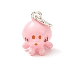 Pink Brass Enamel Pendants, Octopus Charms, Platinum, Pink, 14x10x10.5mm, Hole: 5mm
