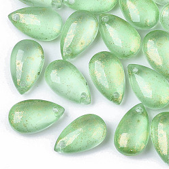 Light Green Transparent Spray Painted Glass Charms, with Glitter Powder, Frosted, Teardrop, Light Green, 14.5x8.5x5.5mm, Hole: 1mm
