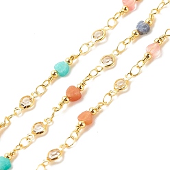 Colorful Brass Glass Horse Eye Link Chains, with Natural Mixed Stone Heart Beaded, Long-Lasting Plated, Soldered, with Spool, Colorful, 10x4.5x2mm