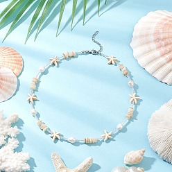 Платина Летние пляжные синтетические морские звезды из бирюзы, натуральные пресноводные жемчужины, ракушки и стеклянные бусины для женщин, цветочный белый, платина, 15.67 дюйм (39.8 см)