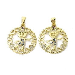 Blue Rack Plating Brass Micro Pave Cubic Zirconia Pendants, Long-Lasting Plated, Real 18K Gold Plated, Lead Free & Cadmium Free, Round with Human, Blue, 24.5x22x3mm, Hole: 5x3mm
