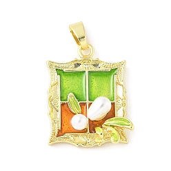 Rectangle Латунь эмаль подвески, с абс пластмассовой имитационной жемчужиной, долговечный, без кадмия и без свинца, стойки покрытие, реальный 18 k позолоченный, цветок, прямоугольные, 26.5x21x7 мм, отверстие : 6.4x3 мм