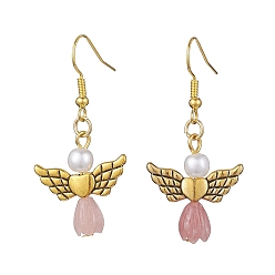 PeachPuff Angel Antique Golden Alloy & Resin Dangle Earrings, Imitation Pearl Acrylic Drop Earrings, PeachPuff, 45x21.5mm