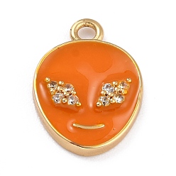 Orange Golden Plated Brass Micro Pave Clear Cubic Zirconia Pendants, with Enamel, Long-Lasting Plated, Extra-terrestrial, Orange, 17x11.5x2mm, Hole: 1.6mm