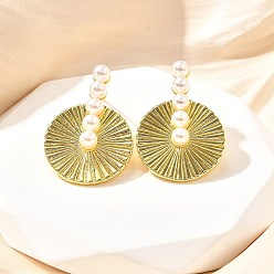 Настоящее золото 18K Латунные качают серьги, с abs имитационными жемчужными бусинами , долговечный, без свинца и без кадмия, плоско-круглые, реальный 18 k позолоченный, 28.5x19.5 мм