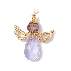 лаванда Стеклянные подвески, ангельские прелести, с латунной бусиной, стеклянным бисером и круглой петлей из экологически чистой медной проволоки, граненые, лаванда, 31~32x22~25x8 мм, отверстие : 1.8 мм