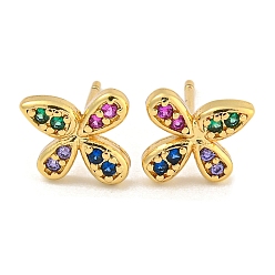 Разноцветный Серьги-пусеты из латуни с микропаве и прозрачным фианитом, с уха орехов, долговечный, цветок, красочный, 7.5x8.5 мм