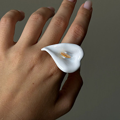 White 304 Stainless Steel Enamel Flower Finger Rings for Women, Calla Lily, Stainless Steel Color, White, US Size 7(17.3mm)