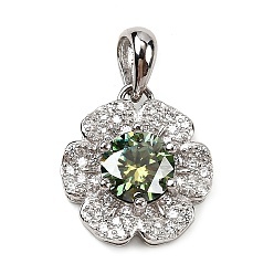 Оливин 925 подвески-цветы из стерлингового серебра с муассанитом и стразами, Реальная платина, родий, оливина, 15x13.5x5.5 мм, отверстие : 3.5x4.5 мм
