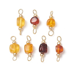 Золотой Натуральные янтарные соединительные подвески, Соединительные элементы куба с 304 петлями из нержавеющей стали, золотые, 18~19x5~6x5~7 мм, отверстие : 2.5 мм