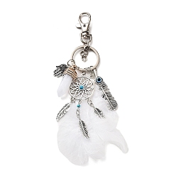 White Alloy & Glass Pendant Keychain, with Iron Key Ring, Feather Tassel, Woven Net/Web with Feather & Bullet & Hamsa Hand, White, 10cm