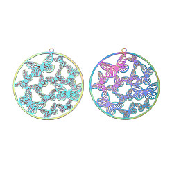 Rainbow Color 201 подвески из травленого металла из нержавеющей стали, плоский круглый с подвеской в виде бабочки, Радуга цветов, 47x44x0.2 мм, отверстие : 2 мм