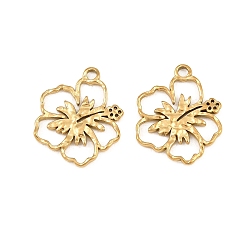 Chapado en Oro Real 18K 304 colgantes de acero inoxidable, amuletos de flor de hibisco, revestimiento de iones (ip), real 18 k chapado en oro, 18.5x15.5x1.5 mm, agujero: 1.7 mm