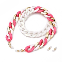 Deep Pink Eyeglasses Chains, Neck Strap for Eyeglasses, with Acrylic & CCB Plastic Curb Chains, 304 Stainless Steel Lobster Claw Clasps and Rubber Loop Ends, Deep Pink, 29.13 inch(74cm)