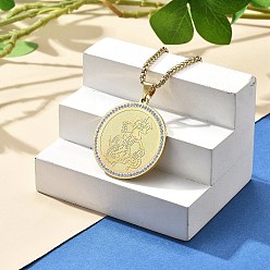 Настоящее золото 18K 201 ожерелья из нержавеющей стали со стразами для женщин, плоско-круглые, реальный 18 k позолоченный, 23.50 дюйм (59.7 см), подвеска: 37.8x34.8 мм.