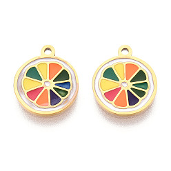 Разноцветный 304 из нержавеющей стали шармы эмали, очарование апельсиновых ломтиков, ионное покрытие (ip), реальный 14 k позолоченный, красочный, 12x10x0.8 мм, отверстие : 1 мм
