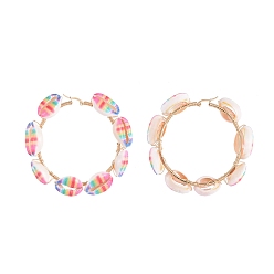 Colorful (Jewelry Parties Factory Sale)304 Stainless Steel Hoop Earrings, with Printed Cowrie Shell Beads and Eco-Friendly Copper Wire, Golden, Colorful, 74x16mm, Pin: 0.6x1mm