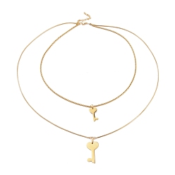 Golden 304 Stainless Steel Double Layer Necklaces, with Box Chains & Snake Chains, Heart Key, Golden, 20.51 inch(52.1cm)