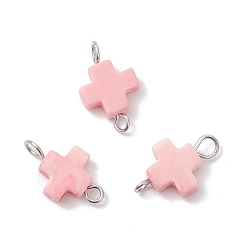 Нержавеющая Сталь Цвет Подвески-крестики розового цвета с синтетическим коралловым оттенком, с 304 двойными петлями из нержавеющей стали, цвет нержавеющей стали, 14.5x8.5x3 мм, отверстие : 1.8 мм