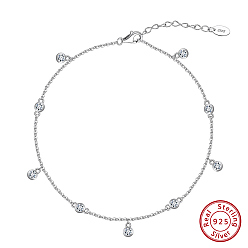 Real Platinum Plated 925 Sterling Silver Cable Chain Anklet, Micro Pave Cubic Zirconia Round Charm, Real Platinum Plated, 8-1/2 inch(21.5cm)