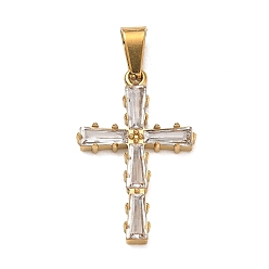 Golden 304 Stainless Steel & Glass Pendants, Cross Charms, with 201 Stainless Steel Bails, Ion Plating(IP), Long-Lasting Plated, Golden, 28x18x3mm, Hole: 7x4mm