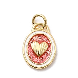 Оранжевый Латунь эмаль подвески, овал с сердечками, стойки покрытие, долговечный, без кадмия и без свинца, реальный 18 k позолоченный, с соединительным кольцом и блестящей пудрой, оранжевые, 14x10x2 мм, отверстие : 3.2 мм